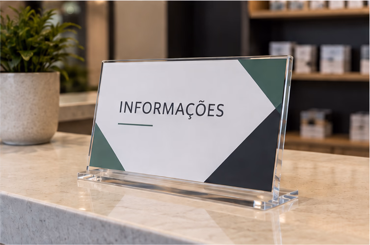 Display de acrílico sobre balcão com a palavra informações