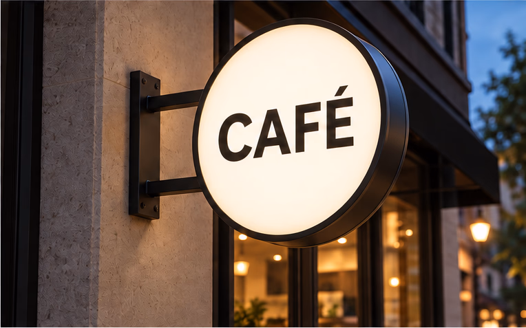 Luminoso circular em bandeira instalado na fachada de um café