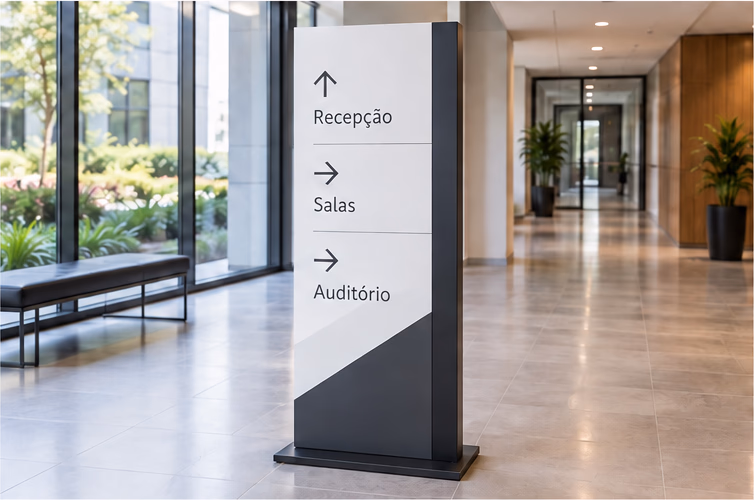Totem direcional interno indicando recepção, salas e auditório